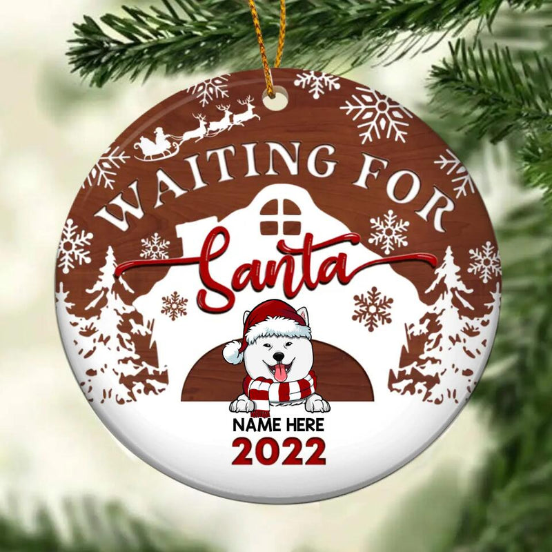 Waiting For Santa 2022 Brown Wooden Circle Ceramic Ornament - Personalized Dog Lovers Decorative Christmas Ornament