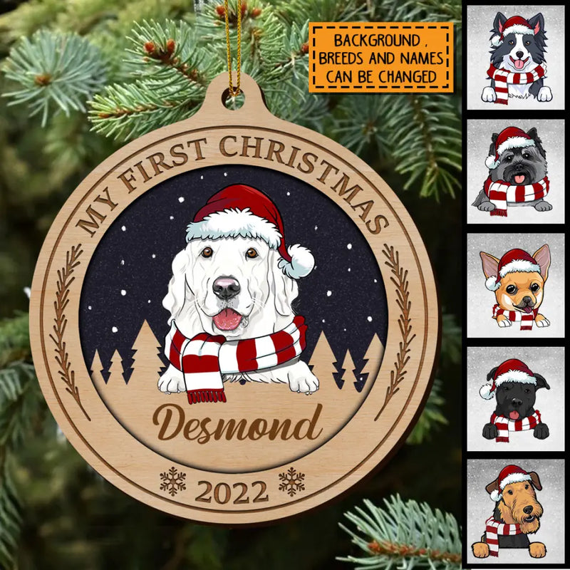 Personalized My First Christmas 2022 Ball-Shaped Wooden Ornament, Personalized Dog Lovers Decorative Christmas Ornament