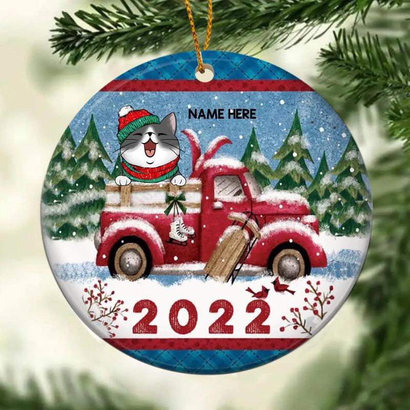 2022 Blue Plaid Snowy Red Truck Circle Ceramic Ornament - Personalized Cat Lovers Decorative Christmas Ornament