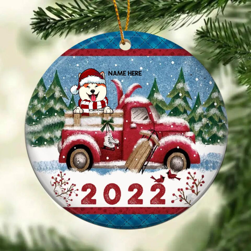 2022 Blue Plaid Snowy Red Truck Circle Ceramic Ornament - Personalized Dog Lovers Decorative Christmas Ornament