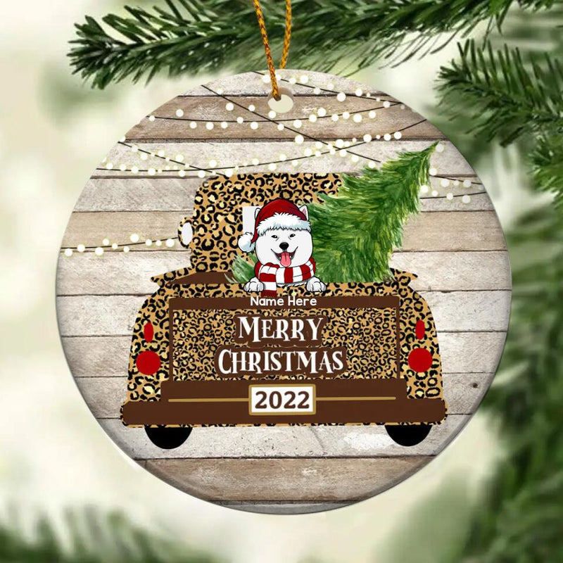 Merry Christmas 2022 Gold Leopard Truck Circle Ceramic Ornament - Personalized Dog Lovers Decorative Christmas Ornament