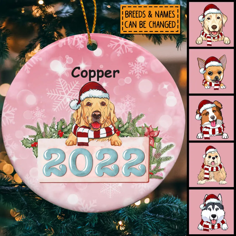Personalised 2022 Pink Sparkles Circle Ceramic Ornament - Personalized Dog Lovers Decorative Christmas Ornament
