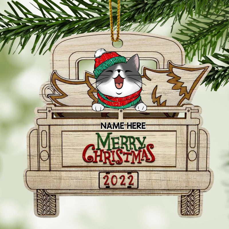 Merry Christmas 2022 Wooden Truck Shape Shaped Wooden Ornament - Personalized Cat Lovers Decorative Christmas Ornament