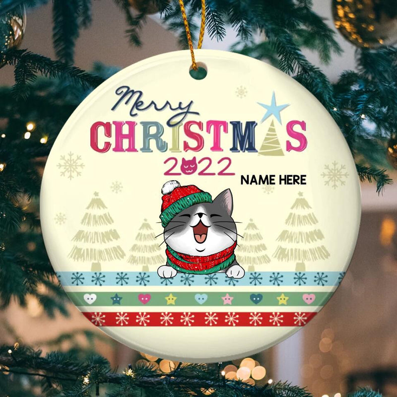 Personalised Merry Xmas 2022 Pale Yellow Circle Ceramic Ornament - Personalized Cat Lovers Decorative Christmas Ornament