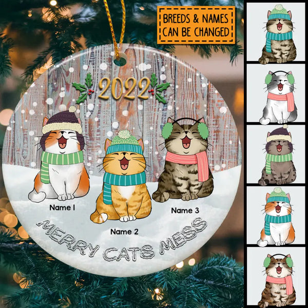 Merry Cats Mess, 2022 Christmas Bauble, Circle Ceramic Ornament, Personalized Cat Breeds Ornament, Cat Lovers Gifts