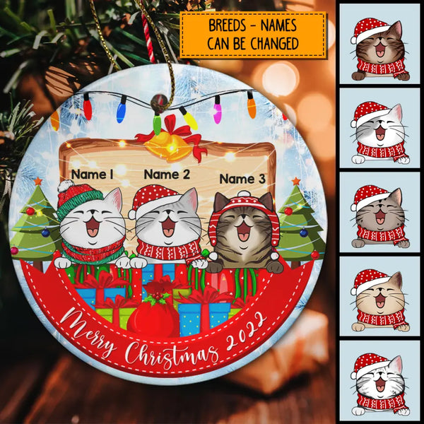 Merry Xmas 2022 Gift Box & Red Banner Circle Ceramic Ornament - Personalized Cat Lovers Decorative Christmas Ornament