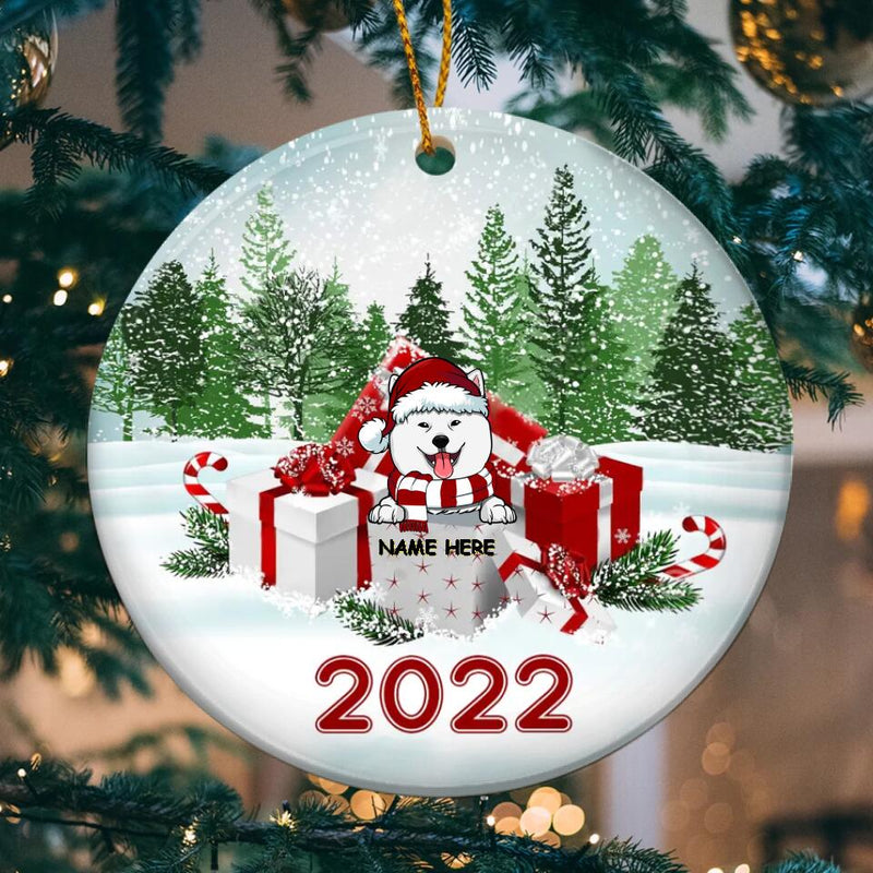 Merry Christmas 2022, Gift Boxes And Green Pine Forest With Snow, Personalized Dog Lovers Decorative Christmas Ornament