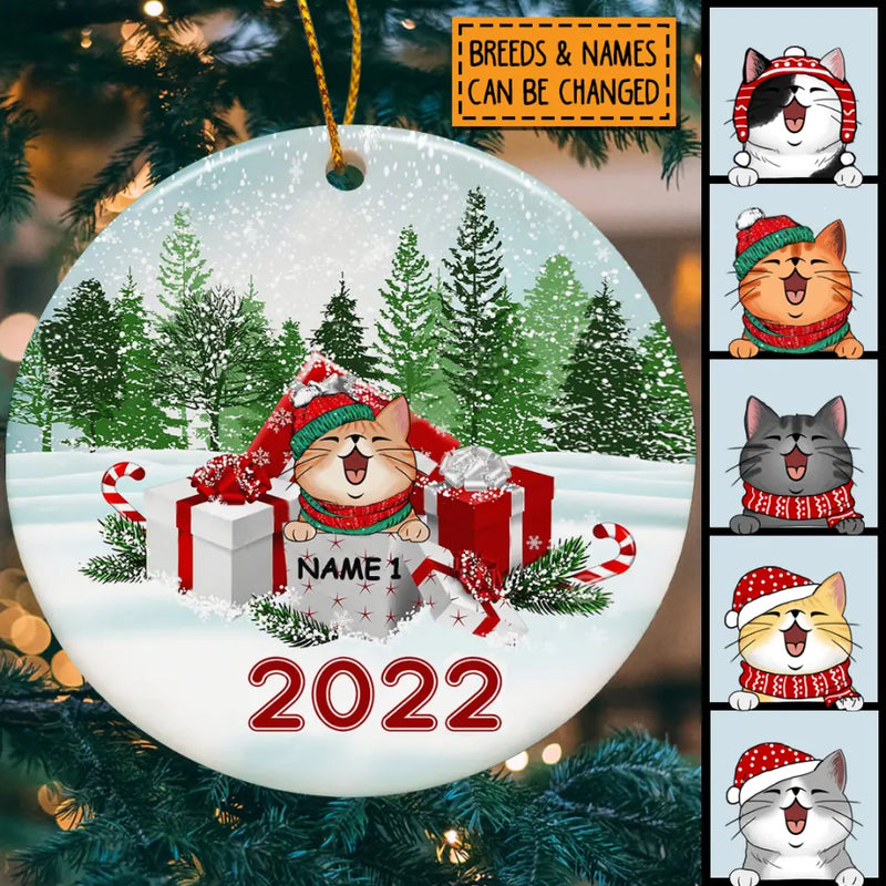 Merry Christmas 2022, Gift Boxes And Green Pine Forest With Snow, Personalized Cat Lovers Decorative Christmas Ornament