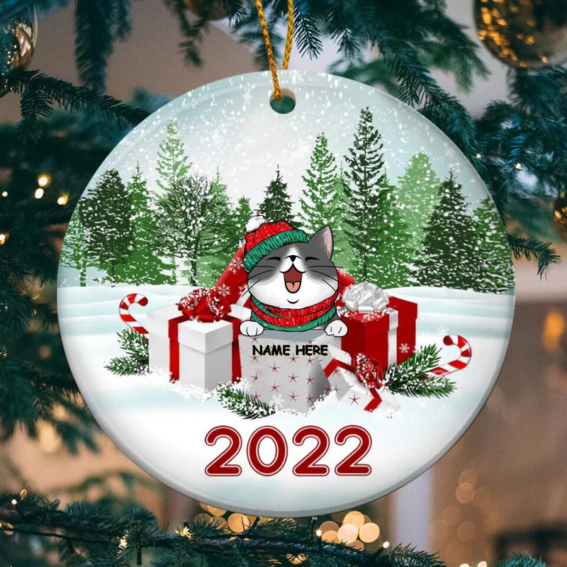 Merry Christmas 2022, Gift Boxes And Green Pine Forest With Snow, Personalized Cat Lovers Decorative Christmas Ornament