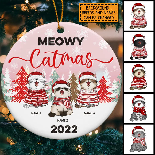 Meowy Catmas 2022 Circle Ceramic Ornament, Pinky Sky With Color Pine Tree, Personalized Cat Lovers Christmas Decorative Ornament