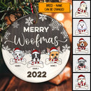 Personalised Merry Woofmas Brown Wooden Circle Ceramic Ornament - Personalized Dog Lovers Decorative Christmas Ornament