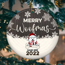 Personalised Merry Woofmas Brown Wooden Circle Ceramic Ornament - Personalized Dog Lovers Decorative Christmas Ornament