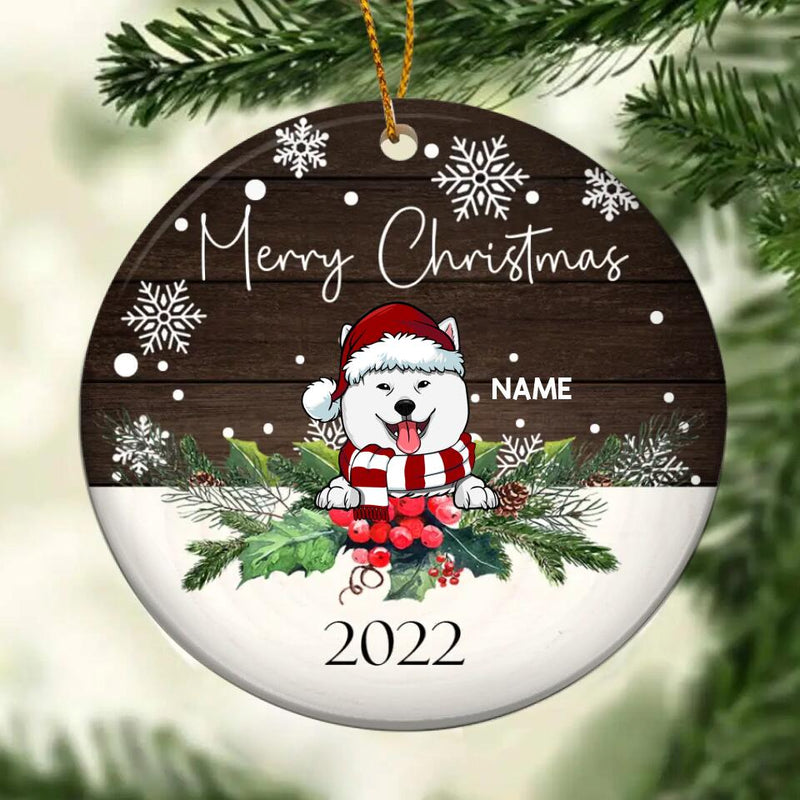 Merry Christmas Brown Wooden Circle Ceramic Ornament - Personalized Dog Lovers Decorative Christmas Ornament