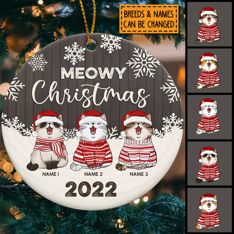 Personalised Meowy Christmas Gray Wooden Circle Ceramic Ornament - Personalized Cat Lovers Decorative Christmas Ornament