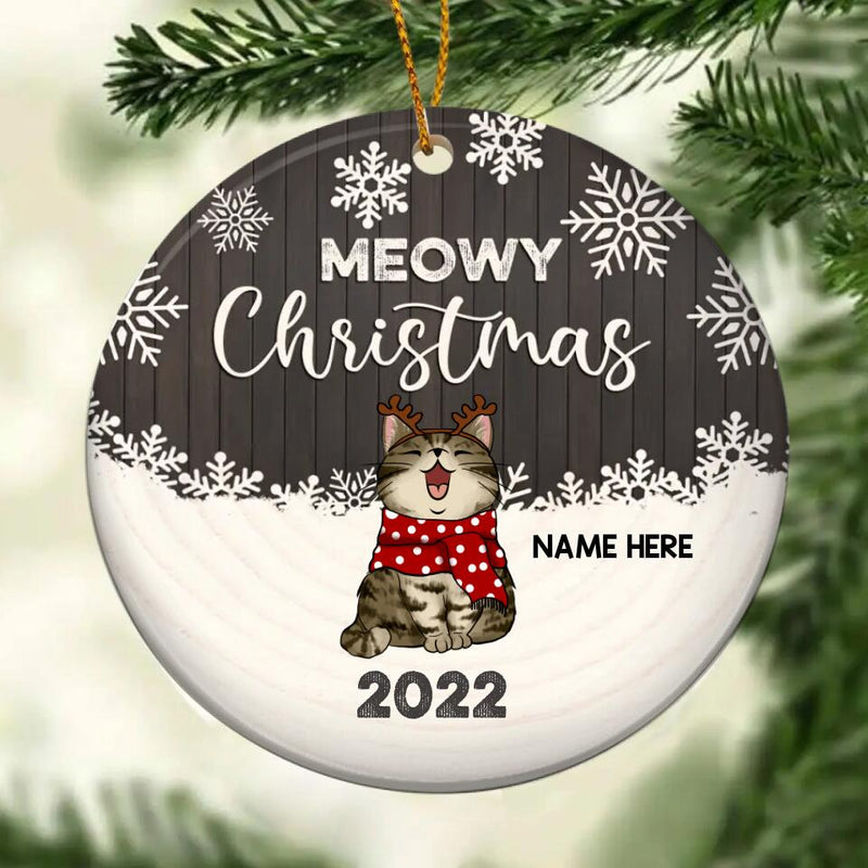 Personalised Meowy Christmas Gray Wooden Circle Ceramic Ornament - Personalized Cat Lovers Decorative Christmas Ornament