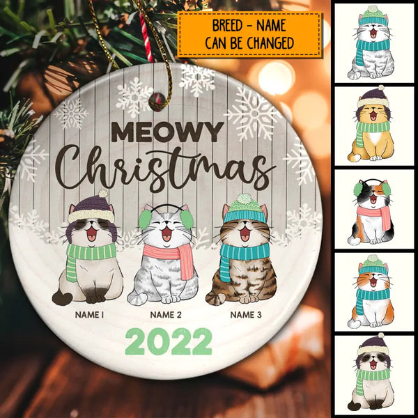 Personalised Meowy Christmas Grey Wooden Circle Ceramic Ornament - Personalized Cat Lovers Decorative Christmas Ornament