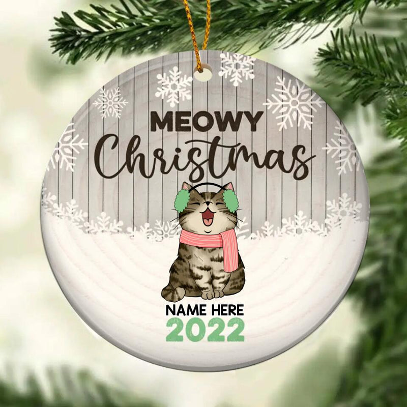 Personalised Meowy Christmas Grey Wooden Circle Ceramic Ornament - Personalized Cat Lovers Decorative Christmas Ornament