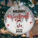 Personalised Merry Woofmas Gray Wooden Circle Ceramic Ornament - Personalized Dog Lovers Decorative Christmas Ornament