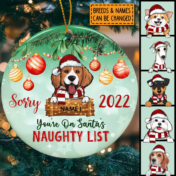 On Santa's Naughty List Faded Green Circle Ceramic Ornament - Personalized Dog Lovers Decorative Christmas Ornament