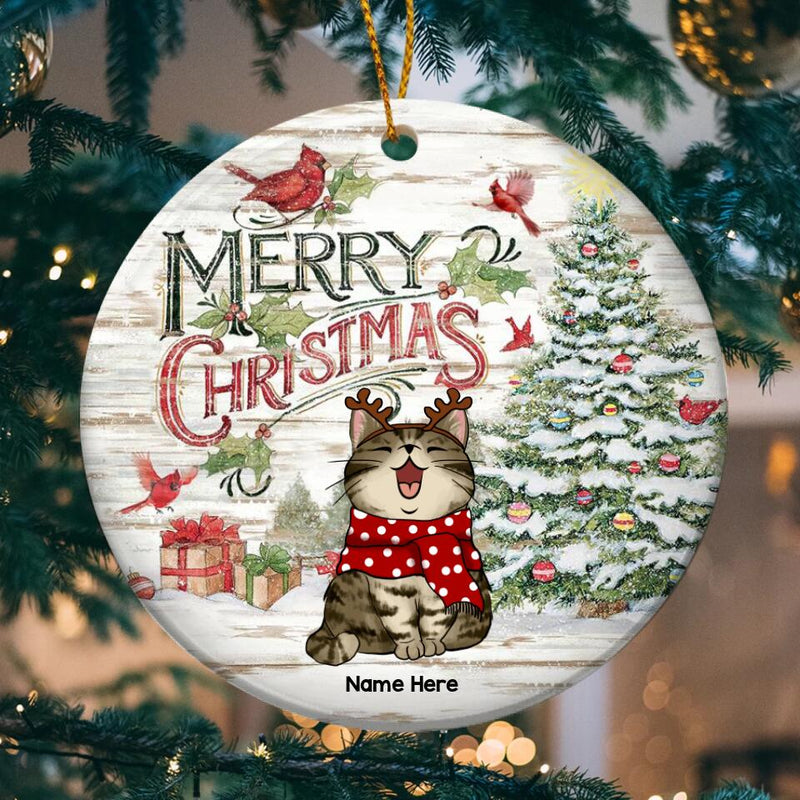 Merry Christmas Cardinals Bright Wooden Circle Ceramic Ornament - Personalized Cat Lovers Decorative Christmas Ornament