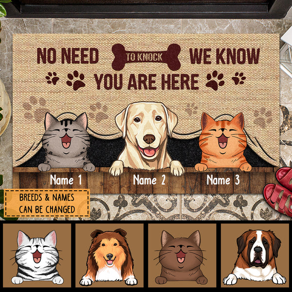 No Need To Knock We Know You Are Here, Canvas Curtain Background, Personalized Dog & Cat Breeds Doormat