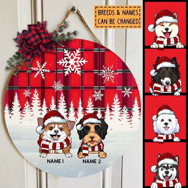 Dog In Snow - Red Plaid White Snowflake - Personalized Dog Christmas Door Sign