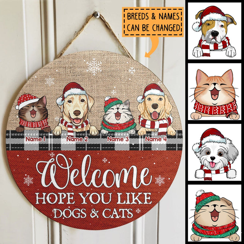 Welcome Hope You Like Dogs & Cats, Jute Canvas Theme, Personalized Dog & Cat Christmas Door Sign