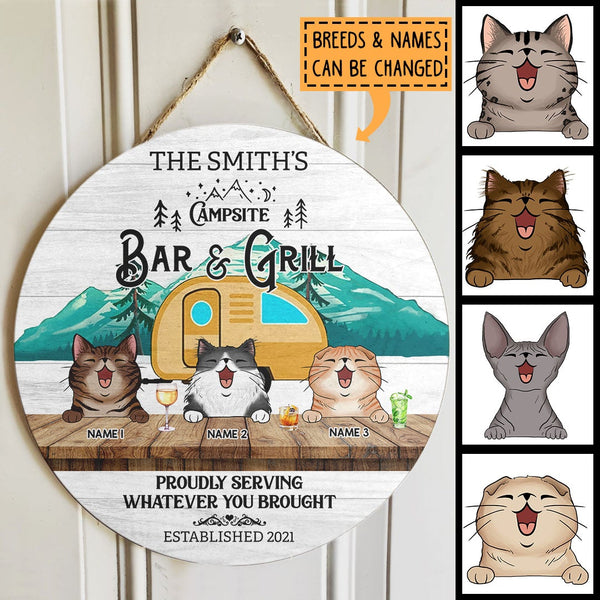 Campsite Bar & Grill, Proudly Serving Whatever You Brought, Green Mountain & Yellow Camping Bus, Personalized Cat Breeds Door Sign