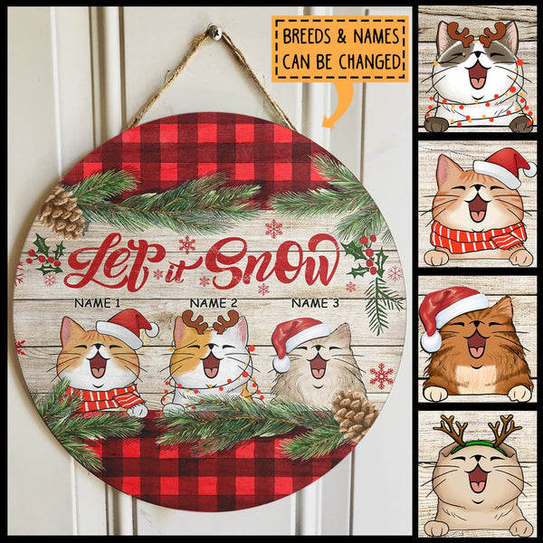 Let It Snow, Cats With Red Plaid And Pine Leaves Background, Personalized Cat Door Sign