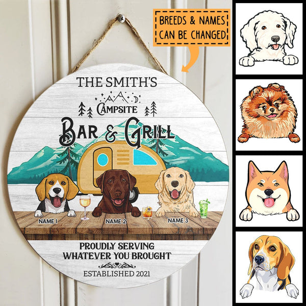 Campsite Bar & Grill, Proudly Serving Whatever You Brought, Green Mountain & Yellow Camping Bus, Personalized Dog & Cat Breeds Door Sign