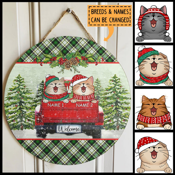 Welcome, Red Truck Door Hanger, Plaid Wreath, Personalized Christmas Cat Breeds Door Sign, Cat Lovers Gifts