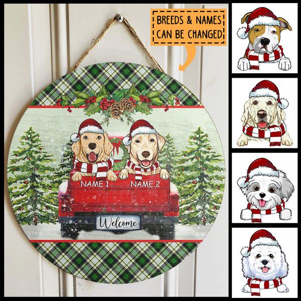 Welcome, Red Truck Door Hanger, Plaid Wreath, Personalized Christmas Dog Breeds Door Sign, Dog Lovers Gifts