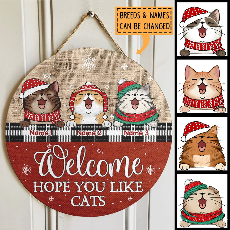 Welcome Hope You Like Cats, Jute Canvas Theme, Personalized Cat Christmas Door Sign