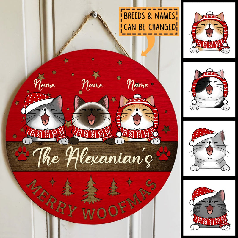 Meowy Catmas Door Hanger, Personalized Cat Breeds And Family Name Door Sign, Xmas Gifts For Cat Lovers