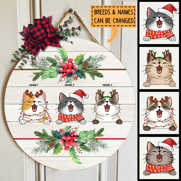 Cats Wear Christmas Costume - Xmas Berries - Light Wooden - Personalized Cat Christmas Door Sign