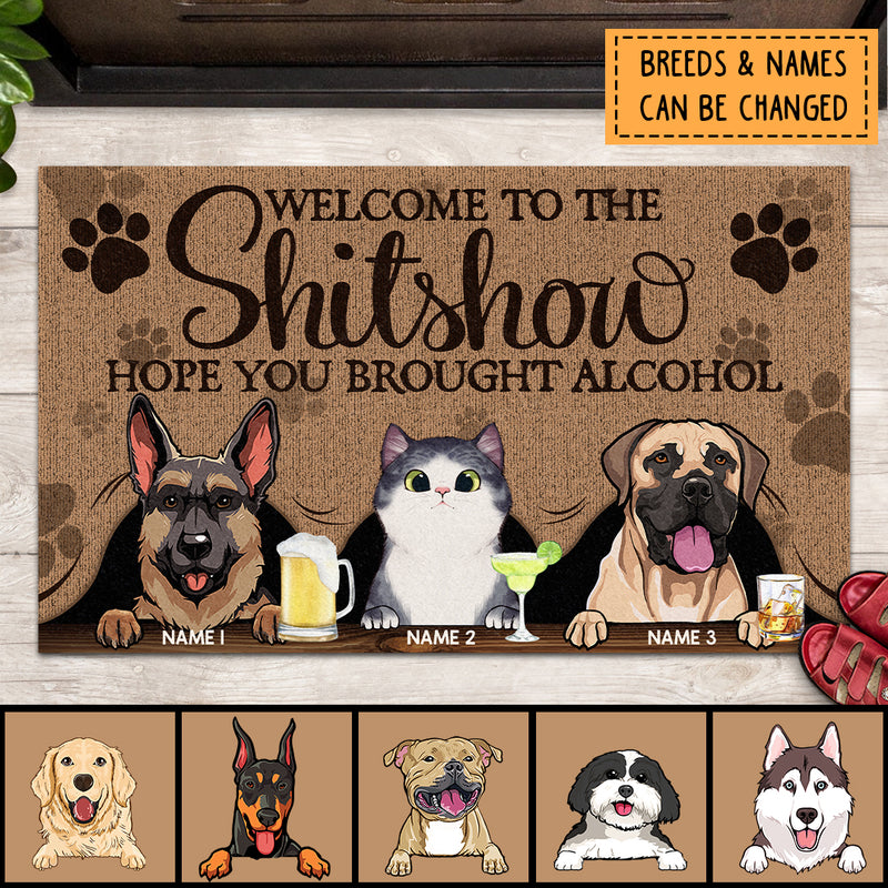 Welcome To The Shitshow Hope You Brought Alcohol, Paws On Brown Curtain Background, Personalized Dog & Cat Breeds Doormat