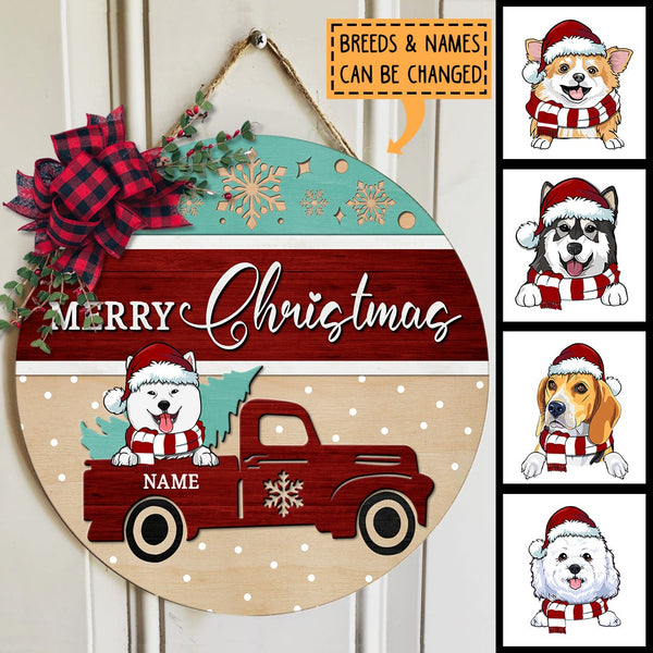 Merry Christmas, Vintage Truck Rustic Door Hanger, Personalized Dog Breed Door Sign