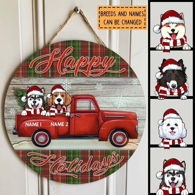 Happy Holiday, Red Truck & Plaid Sign, Personalized Christmas Dog Breeds Door Sign, Xmas Gifts For Dog Lovers