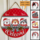 Welcome, Red Top And Bottom, Black Plaid Bow, Personalized Cat Christmas Door Sign