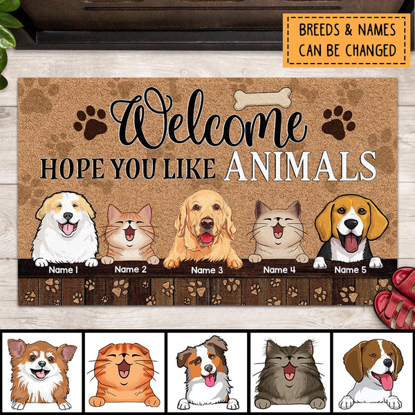 Welcome, Hope You Like Animals, Pet Paw With Brown Background, Personalized Pet Lovers Doormat