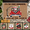 It's The Most Wonderful Time Of The Year - Red Truck Snow - Personalized Cat Christmas Doormat
