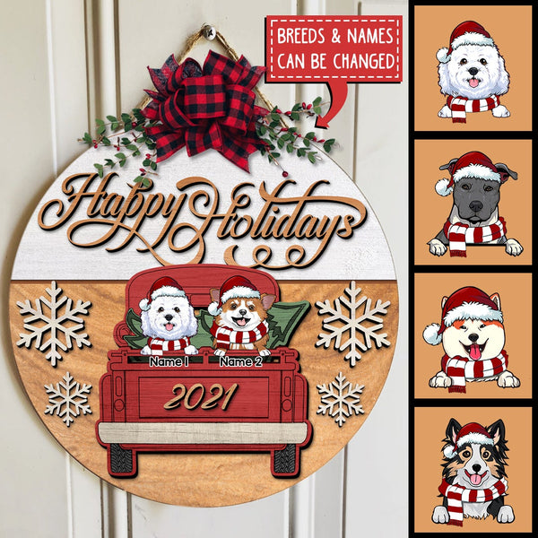 Happy Holiday, Vintage Truck Door Hanger, Personalized Dog Breeds Door Sign, Xmas Gifts For Dog Lovers