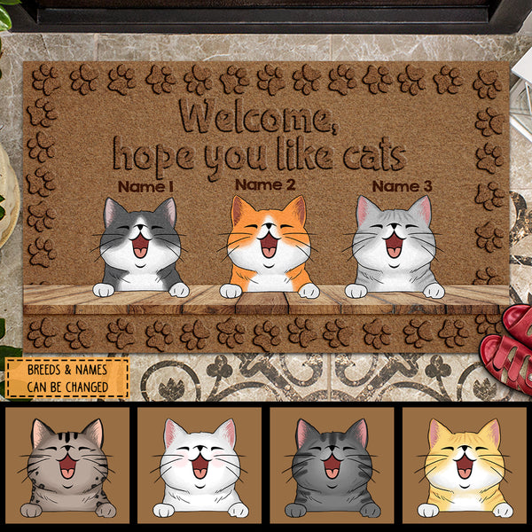 Welcome, Hope You Like Cats, Brown Background With Cat Printpaws, Personalized Cat Lovers Doormat
