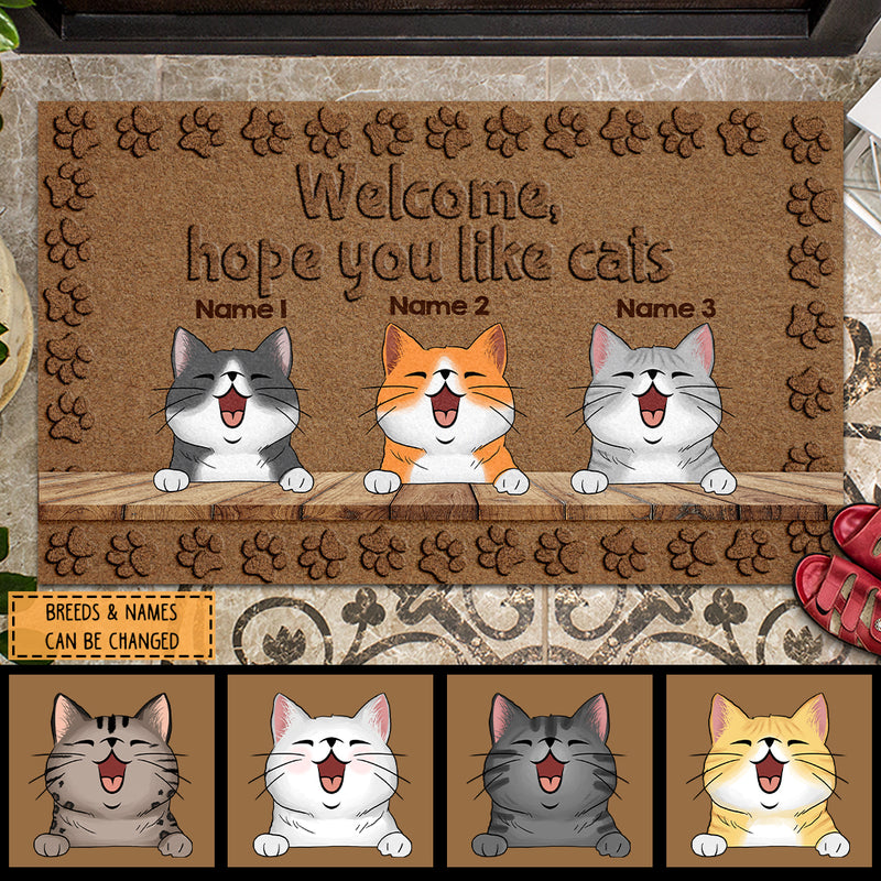 Welcome, Hope You Like Cats, Brown Background With Cat Printpaws, Personalized Cat Lovers Doormat