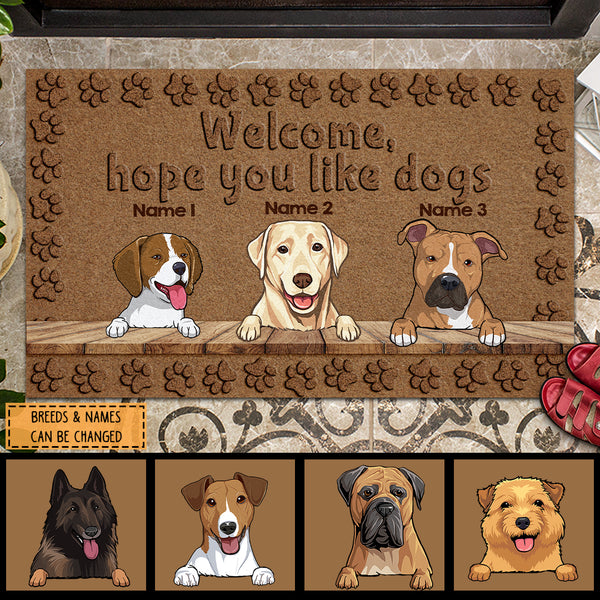 Welcome, Hope You Like Dogs, Brown Background With Dog Printpaws, Personalized Dog Lovers Doormat