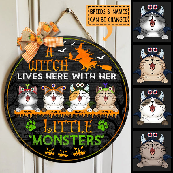 A Witch Lives Here With Her Little Monsters - Monster Headband - Personalized Cat Halloween Door Sign