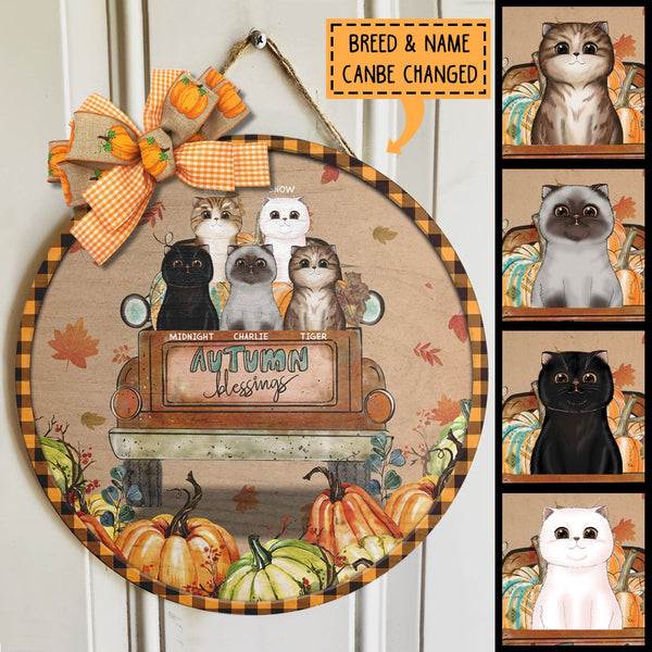 Autumn Blessings - Cats And Pumpkins On Truck - Personalized Cat Door Sign