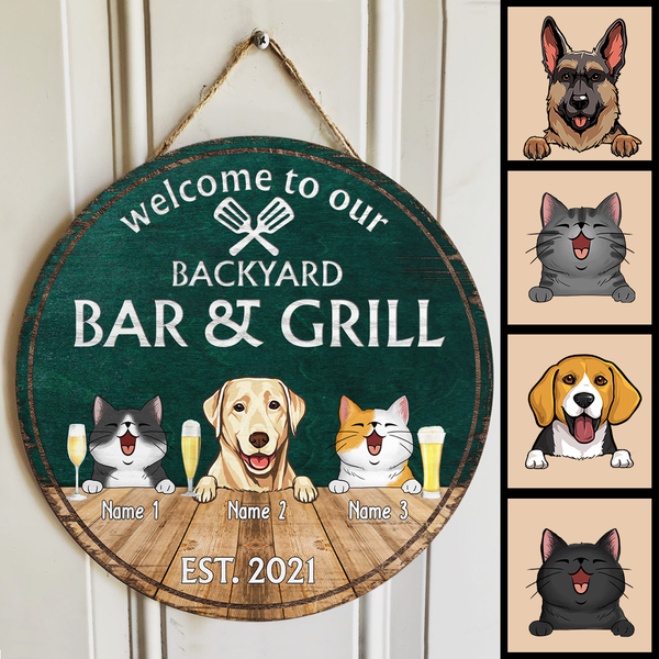 Backyard Bar & Grill Welcome Door Signs, Gifts For Pet Lovers, Couple Of Spatula Custom Wooden Signs