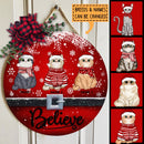 Believe - Red Background - Personalized Cat Christmas Door Sign