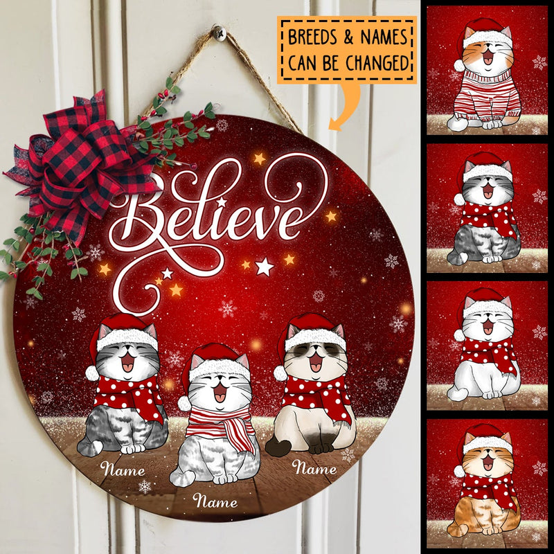 Believe - Red Xmas Background - Personalized Cat Christmas Door Sign